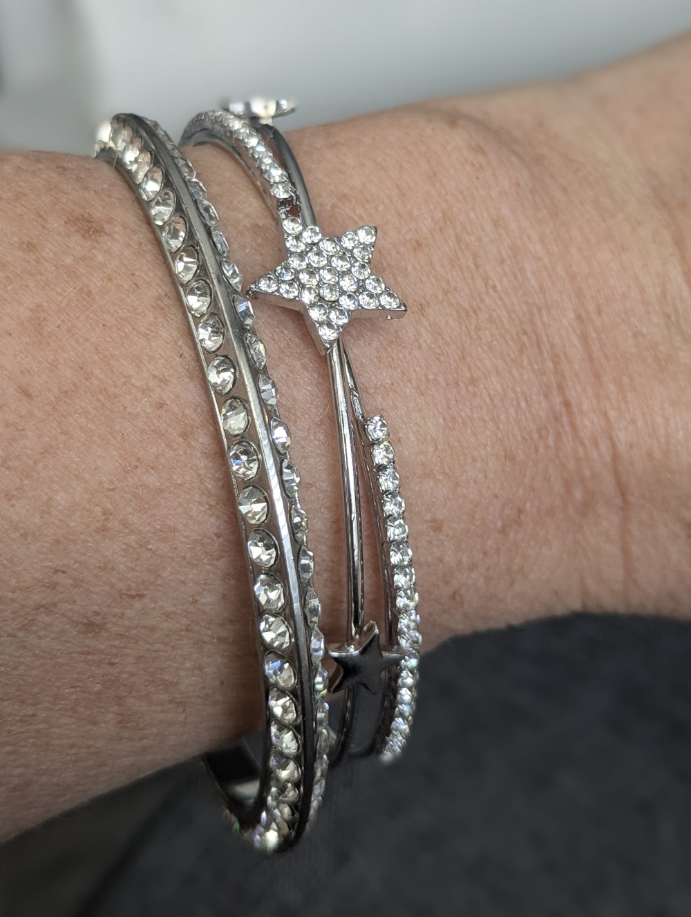 Silver Tone Rhinestone Bracelet Set | Star Accent Bangle Stack | Sparkly Cuff